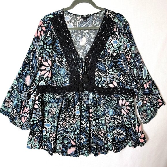 torrid Tops - Torrid Babydoll Top Womens Plus Sz 3X Crochet Trim Lace-Up Black Floral Boho